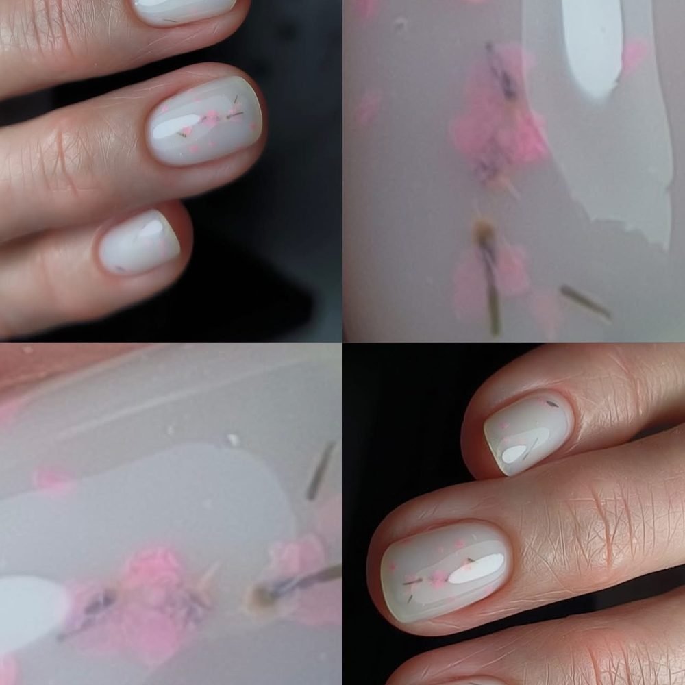 Milky nails with pressed pink flower art